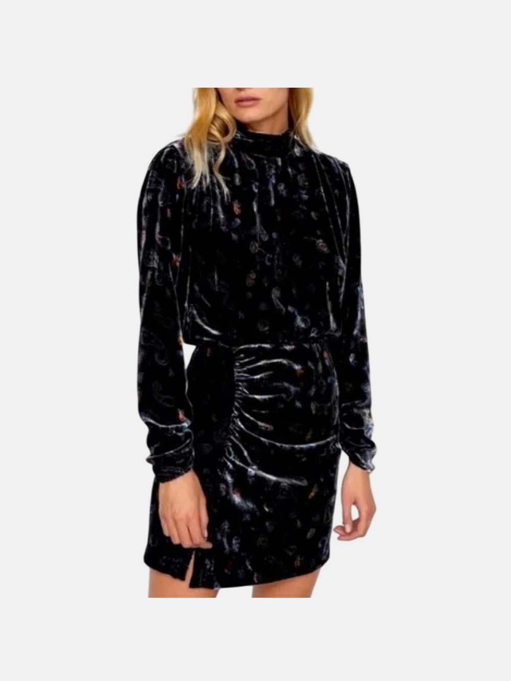ZARA Women’s Mini Dress XS Black Velvet Paisley Print Long Sleeve Mock Neck
